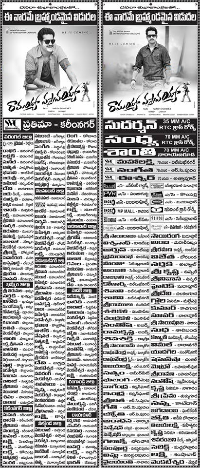  Ramayya Vastavayya Nizam Theaters list, Ramayya Vastavayya movie Nizam Theaters, NTR ramayya vastavayya Theaters list, NTR ramayya Vastavayya movie Nizam Theater list.